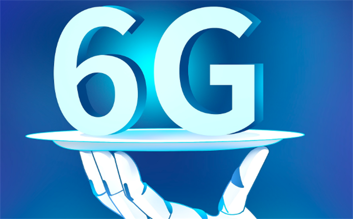 Robotic hand presenting glowing 6G text on serving tray