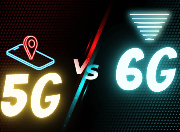 Neon graphic comparing 5G and upcoming 6G mobile network standards