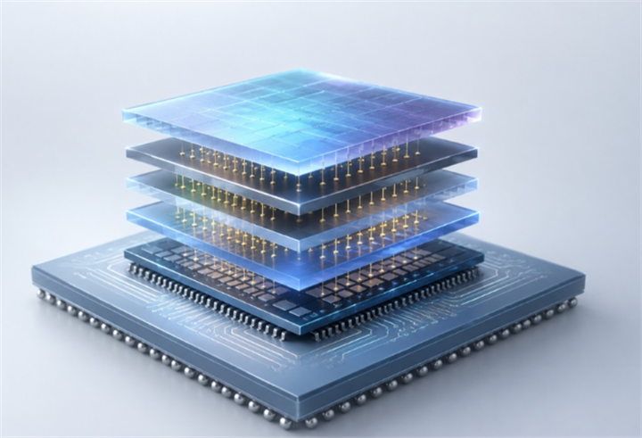 Stacked layered 3D chip structure showcasing advanced semiconductor design