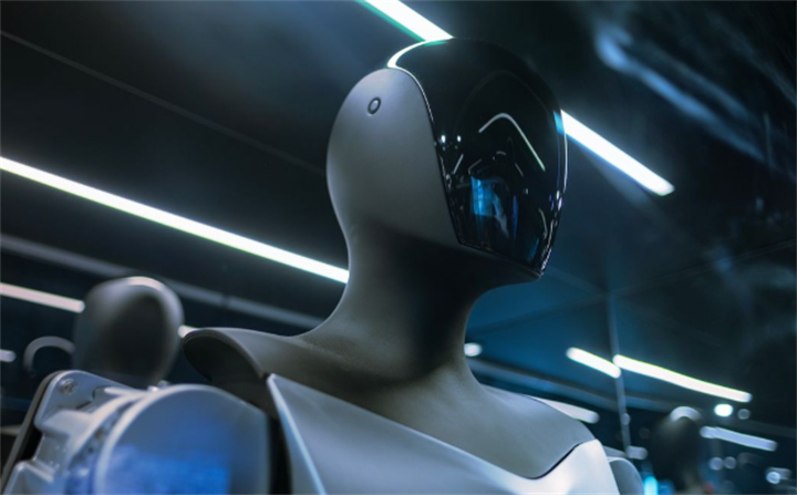 Futuristic sleek humanoid robot head under neon indoor lighting