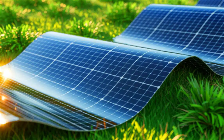 Flexible curved perovskite solar panels laid across green grass