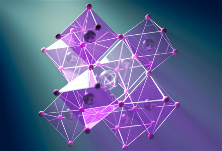3D molecular structure graphic of perovskite crystal lattice