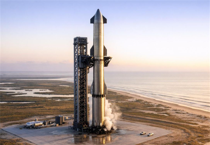 Full-height SpaceX Starship rocket parked on coastal seaside launch pad at dawn