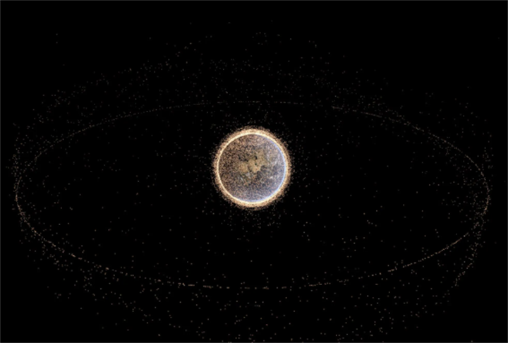 Earth surrounded by dense orbital satellite swarm depicting low-orbit space economy expansion