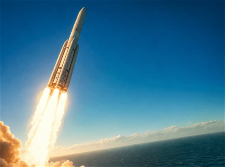 Heavy-lift rocket blasting off above ocean with blazing exhaust flames