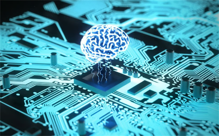 Glowing digital brain resting atop circuit board chip, symbolizing neural-computer fusion technology