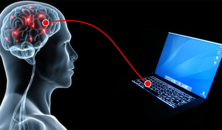 Transparent human brain anatomy graphic with red neural link connecting brain to laptop, conceptual brain-computer interface