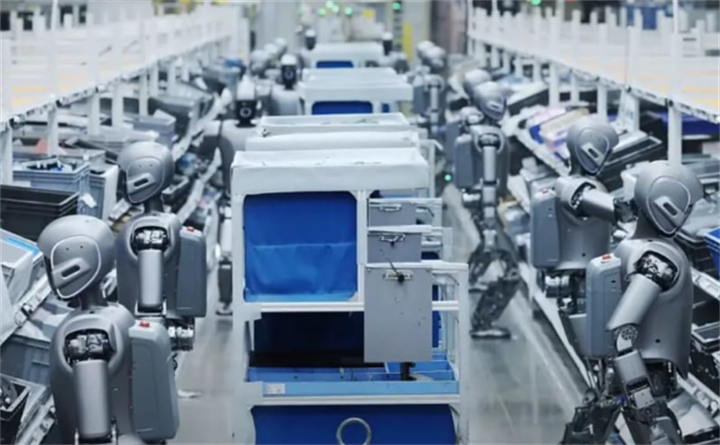 Mass-produced humanoid robots lining up inside automated factory production workshop