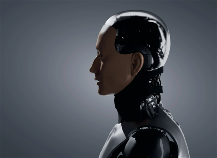 Side-profile render of ultra-realistic human-like android robot with exposed mechanical cranial internals