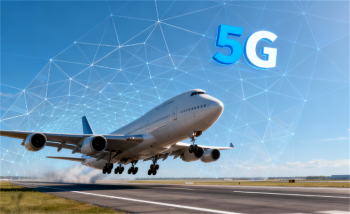 Large commercial jet taking off against glowing 5G digital network mesh, illustrating airborne 5G-A aviation connectivity