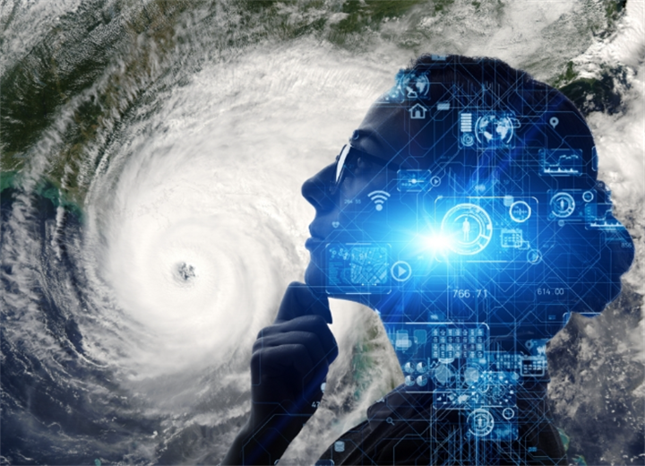 Double-exposure graphic: thinking human silhouette with digital circuit AI overlay against massive hurricane satellite cloud
