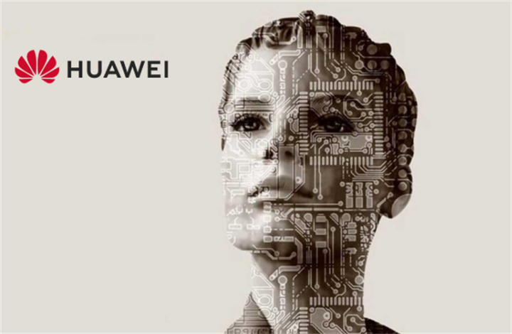 Huawei brand logo beside circuit-board patterned human portrait symbolizing Pangu AI weather computing technology