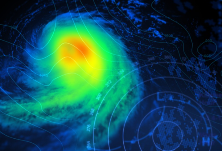 Digital meteorological contour radar heatmap visualizing cyclone core intensity for AI weather prediction