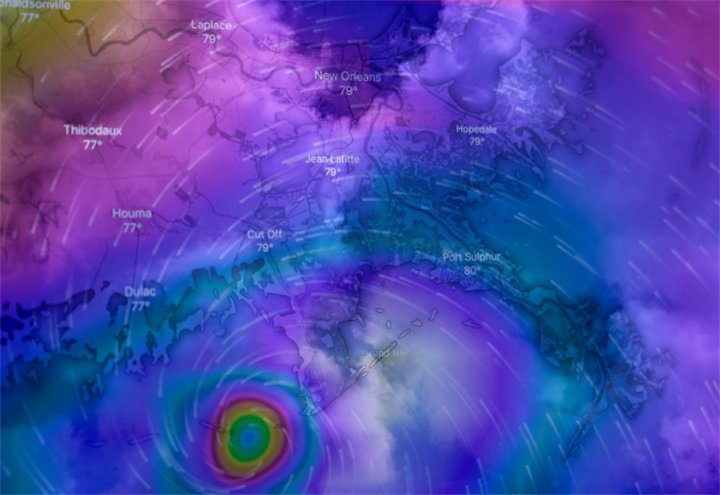 Color-coded meteorological map showing hurricane temperature distribution near New Orleans for AI weather simulation