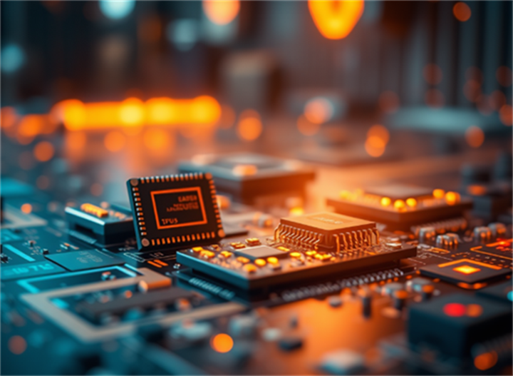 AI chips on a circuit board, lit with warm light