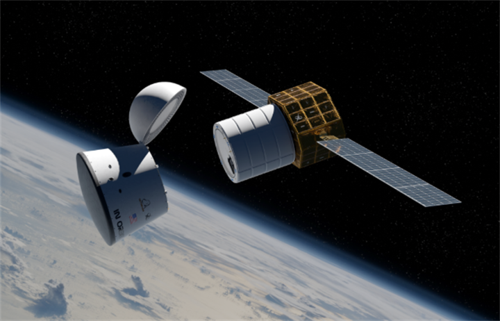 Render of separated satellite payload and service module preparing for in-orbit docking and maintenance