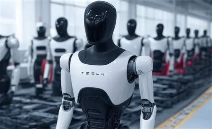 Close-up of Tesla Optimus humanoid robot lined up on factory assembly conveyor with identical units in background