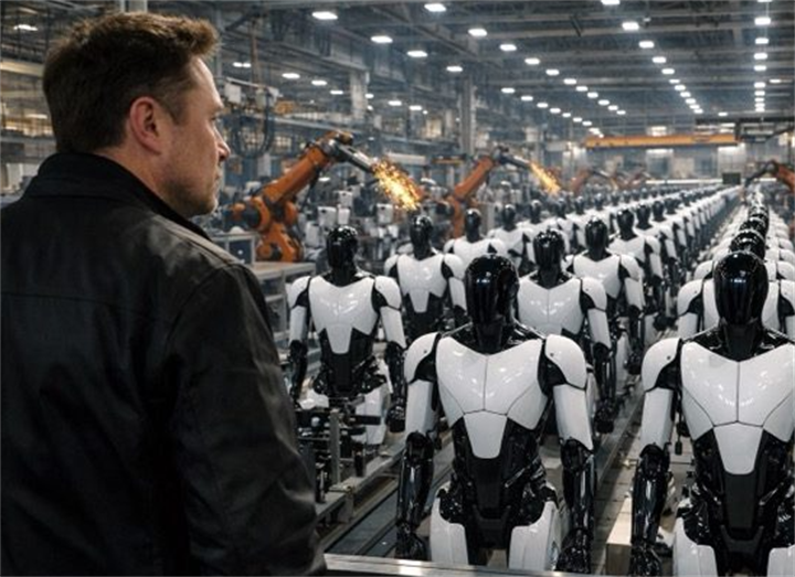 Elon Musk observing rows of Tesla Optimus humanoid robots on automated factory production line amid industrial welding machinery