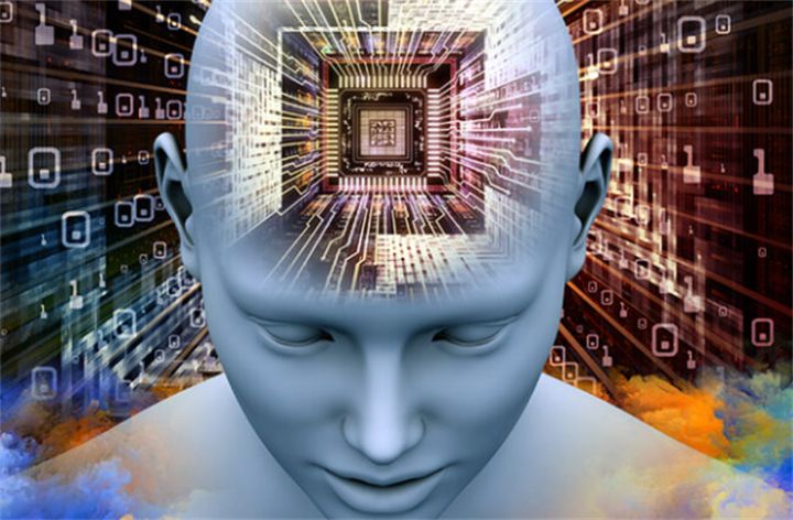 Human head render with built-in CPU and internal circuit pathways representing brain-computer interface fusion technology