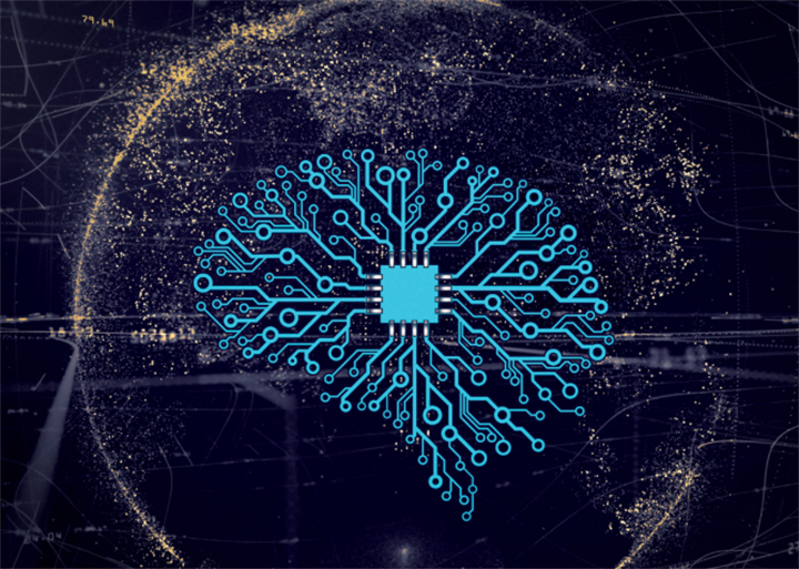 Blue circuit-brain graphic with central microchip against glowing global digital data backdrop, symbolizing artificial intelligence and brain-computer tech