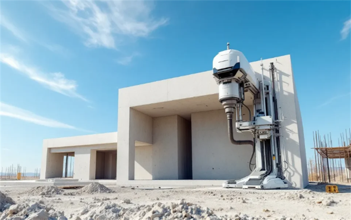 Large gantry-style concrete 3D construction printer beside partially finished minimalist 3D printed concrete building on open construction site
