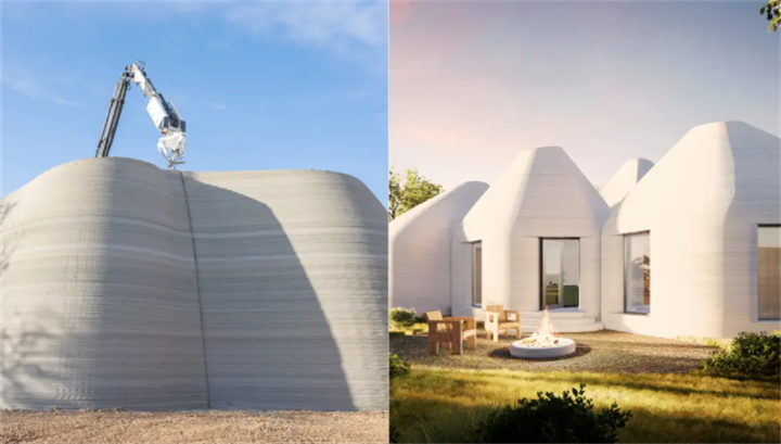 Split comparison shot: robotic 3D printer constructing curved monolithic house shell on left, completed organic-shaped 3D printed residential villa with landscaped yard on right