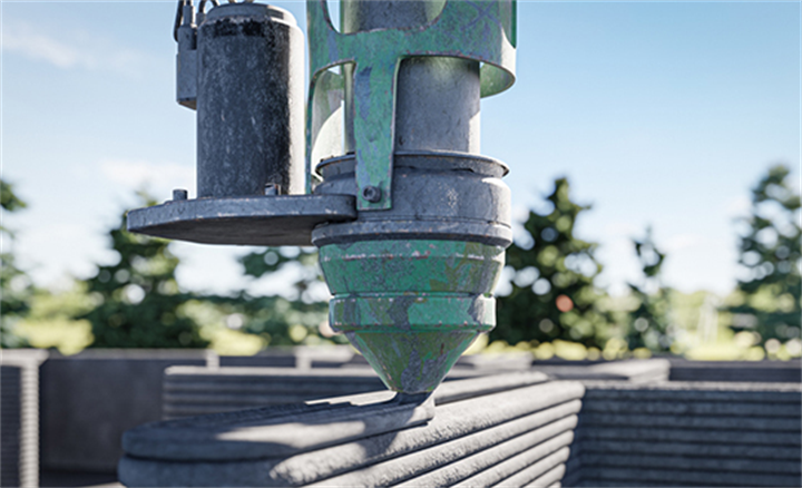 Close-up of worn 3D-print extruder nozzle depositing layered concrete to build printed wall structure