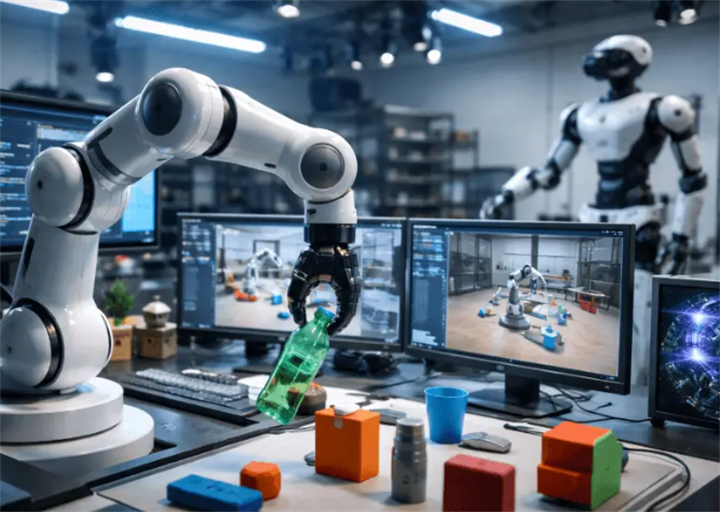 AI robotic arm performing object manipulation in a lab simulation