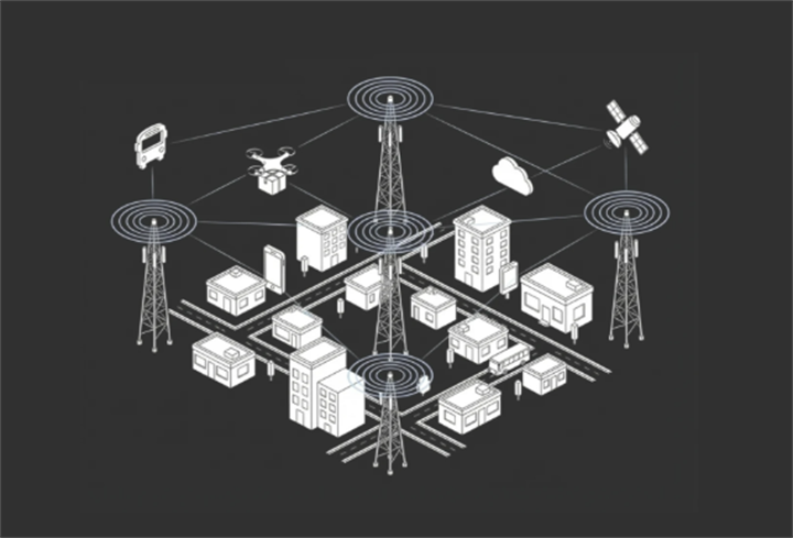 Isometric diagram of connected smart city devices and communication towers