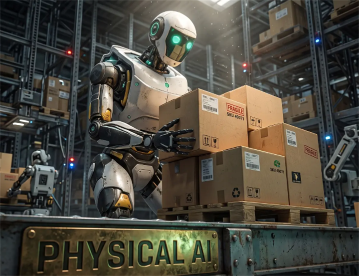  Humanoid AI robot handling packages in a warehouse, labeled "Physical AI"