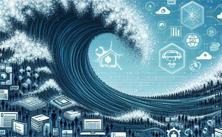 A digital "silent tsunami" representing the AI wave reshaping the physical world