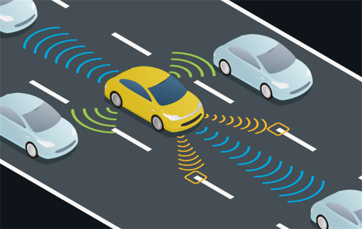 Autonomous car using sensors to detect surrounding vehicles and road markings