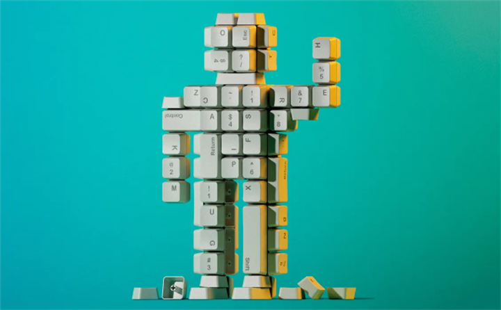  Human figure made of keyboard keys, representing AI tech