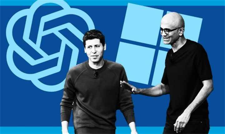Sam Altman and Satya Nadella with OpenAI and Microsoft logos
