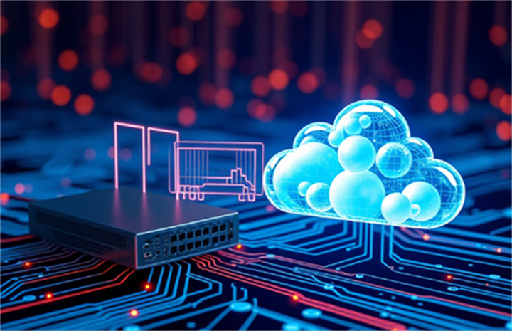 Network hardware connecting to cloud computing infrastructure, representing edge-to-cloud AI processing