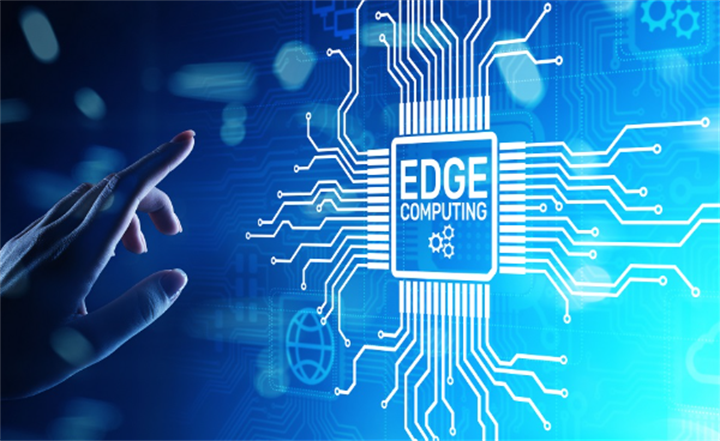 Hand reaching toward an edge computing processor chip graphic