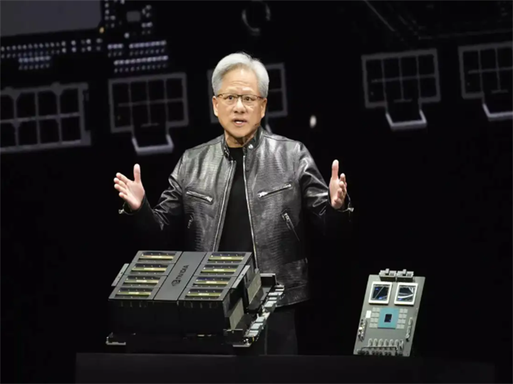 Jensen Huang presenting new NVIDIA AI hardware at a tech conference