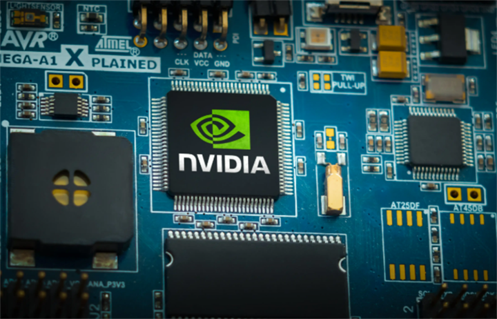 Close-up of an NVIDIA processor on a blue circuit board