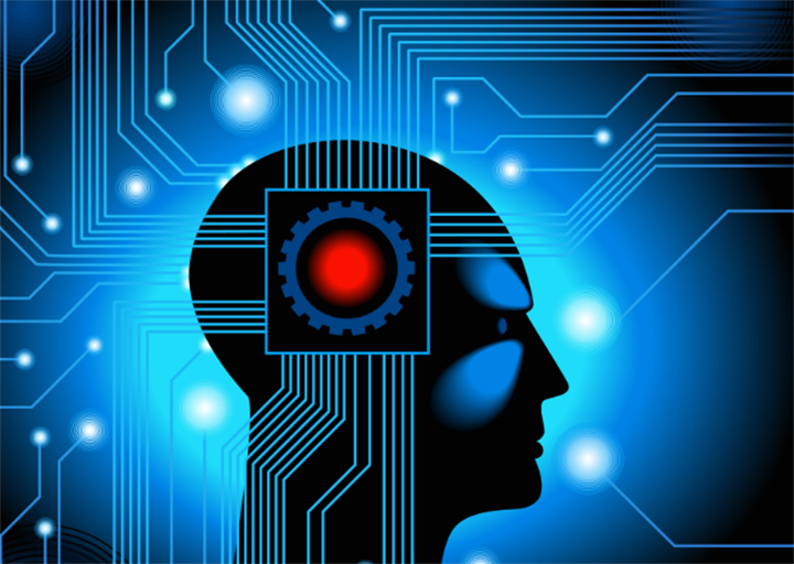 Human head silhouette fused with circuit-board AI brain graphic