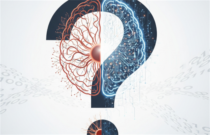 Split question mark blending organic brain neurons and digital circuit pathways