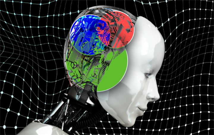 Humanoid robot head revealing colorful mechanical AI circuitry inside